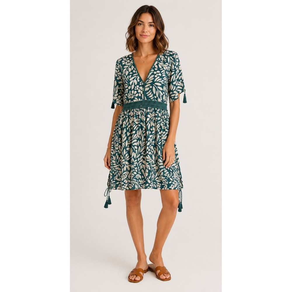 Yireh Mini Dress Women Medium Teal Botanical Print Floral Tassel Boho Beach